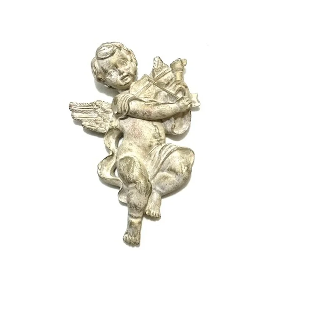 Cherub Angel Musical Instrument‎ Wall Plaque Hanging Antique Gold Resin 8.5